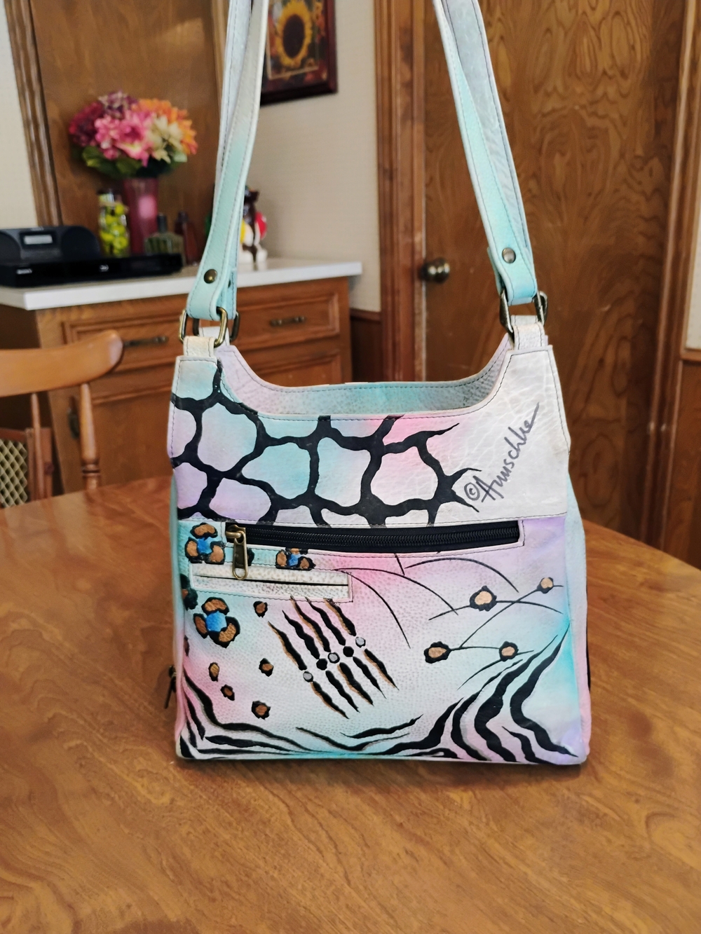 Anuschka "Safari Flowers" Hand-painted Leather Triple Section Shoulder Bag/Purse